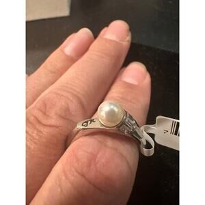 NWT Classic faux Pearl Solitaire Ring CZ Baguettes Stainless Steel Size 9.5